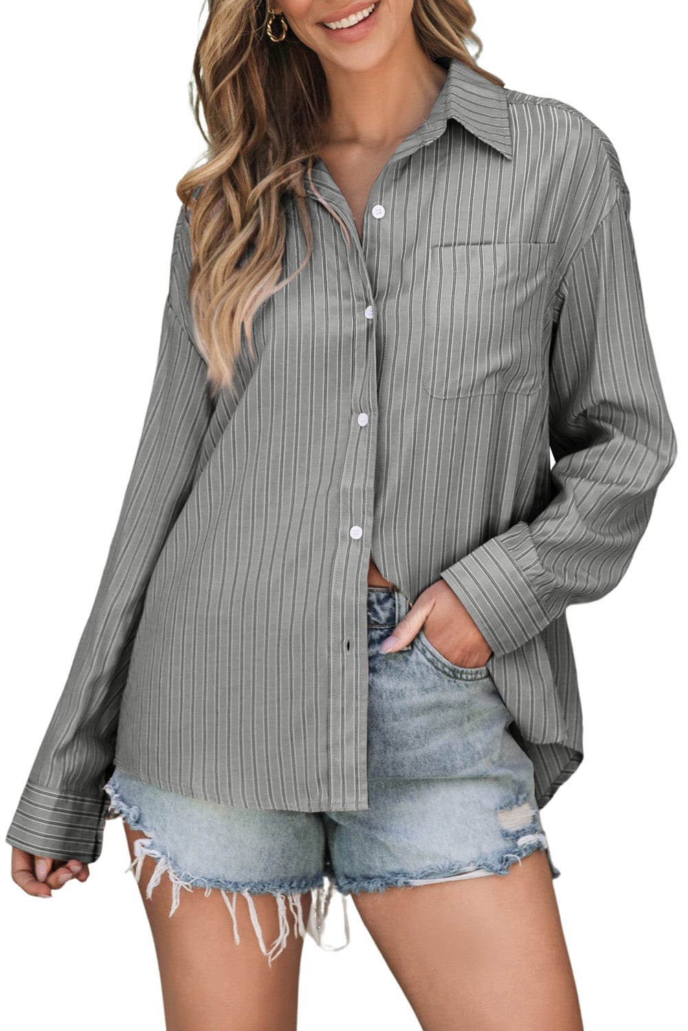Trendsi Fall Gray / S Striped Button Up Long Sleeve Shirt Striped Button Up Long Sleeve Shirt