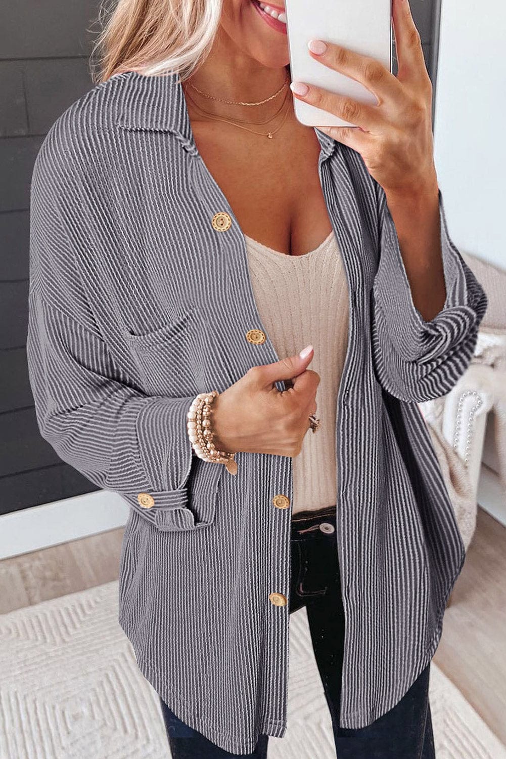 Trendsi Fall Gray / S Striped Collared Neck Long Sleeve Shirt Striped Collared Neck Long Sleeve Shirt