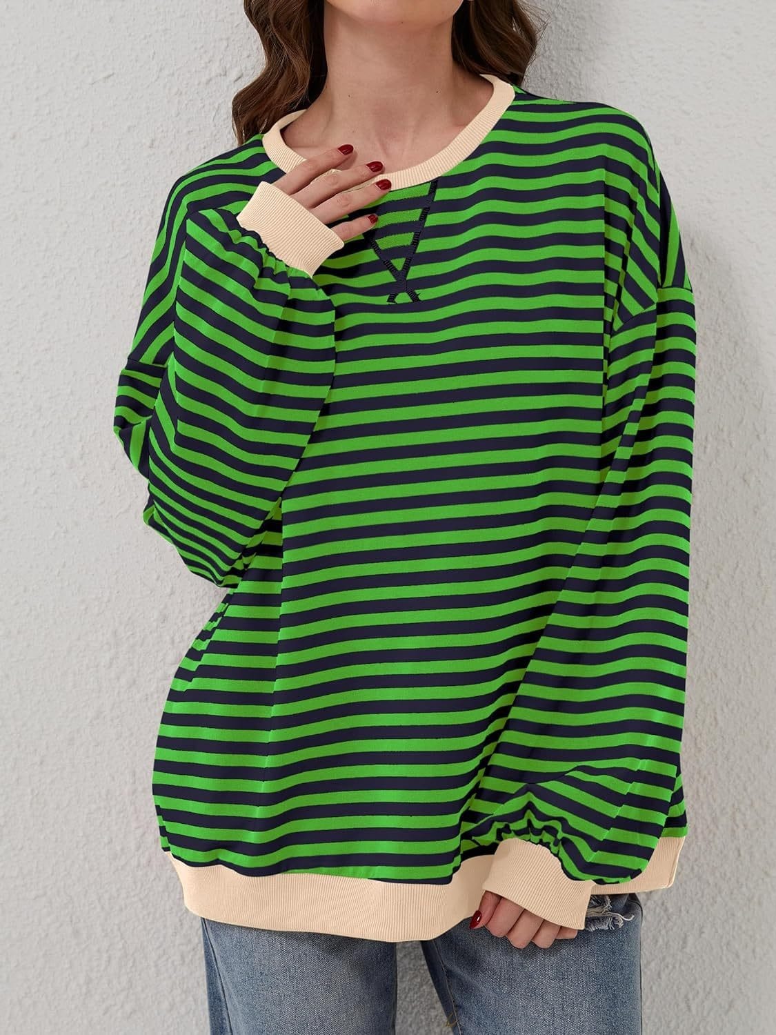 Trendsi Fall Green / S Contrast Striped Long Sleeve Sweatshirt Contrast Striped Long Sleeve Sweatshirt