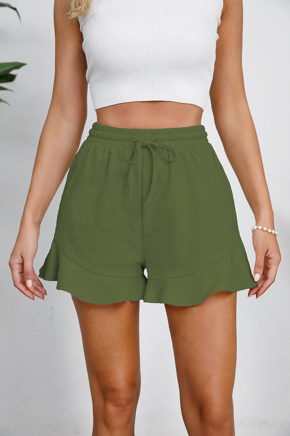 Trendsi Fall Green / S Full Size Drawstring Ruffle Hem Shorts Full Size Drawstring Ruffle Hem Shorts