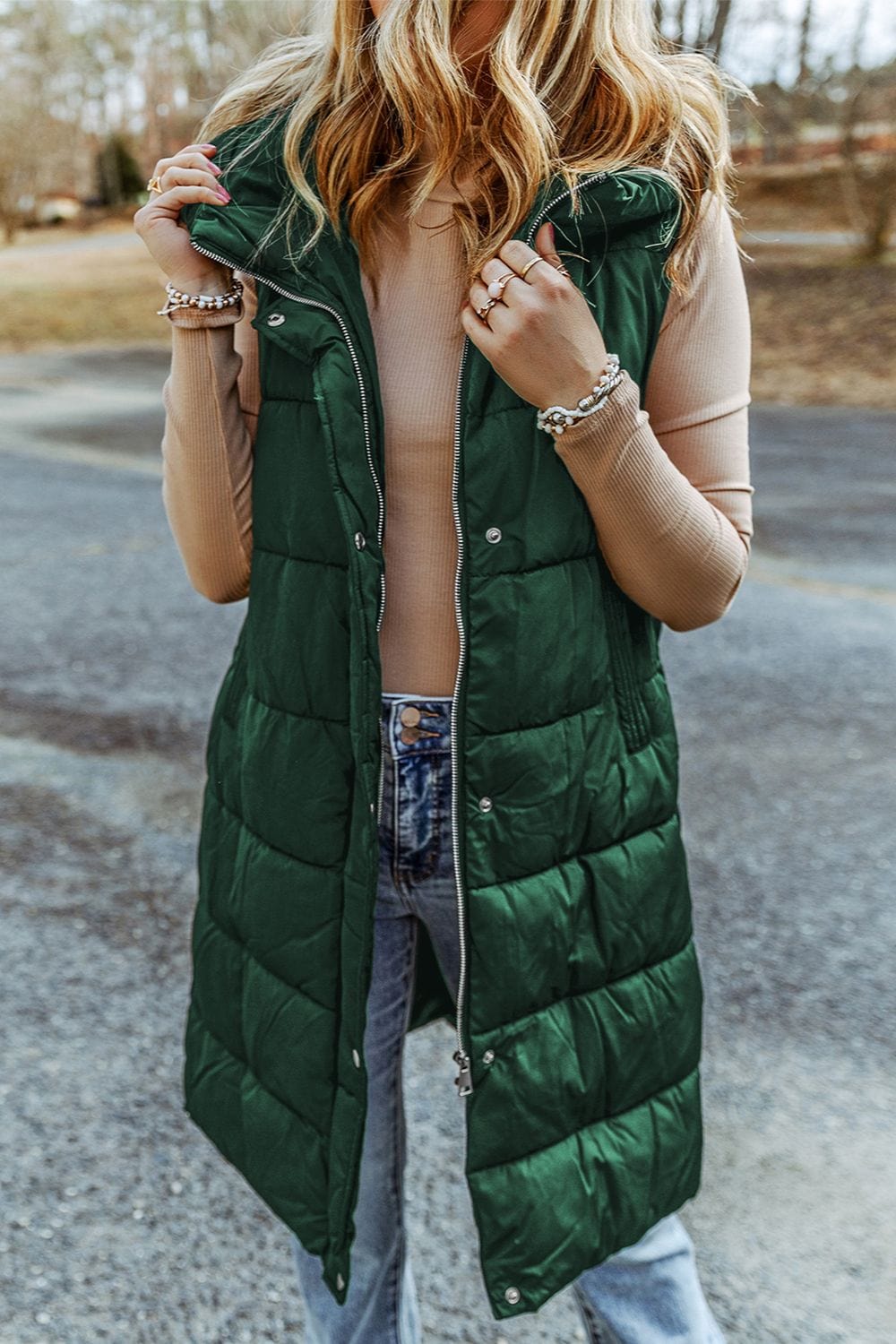 Trendsi Fall Green / S Longline Hooded Sleeveless Puffer Vest Longline Hooded Sleeveless Puffer Vest