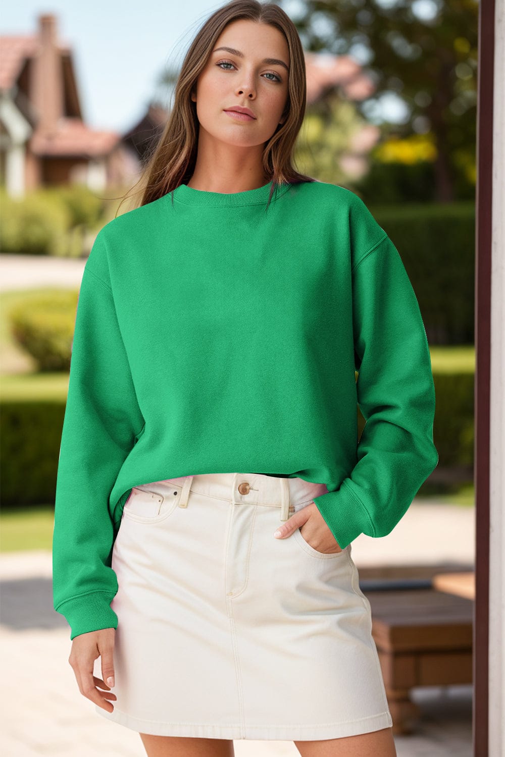 Trendsi Fall Green / S Round Neck Long Sleeve Sweatshirt Round Neck Long Sleeve Sweatshirt