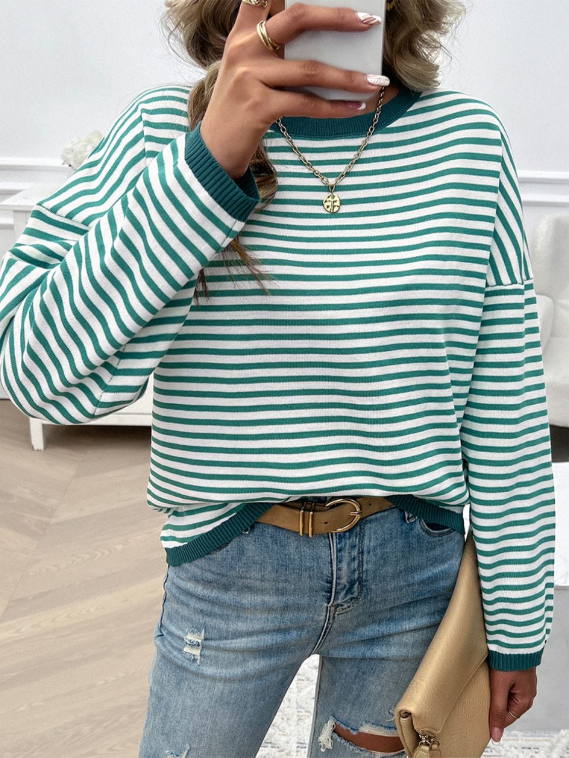 Trendsi Fall Green / S Striped Round Neck Dropped Shoulder Sweater Striped Round Neck Dropped Shoulder Sweater