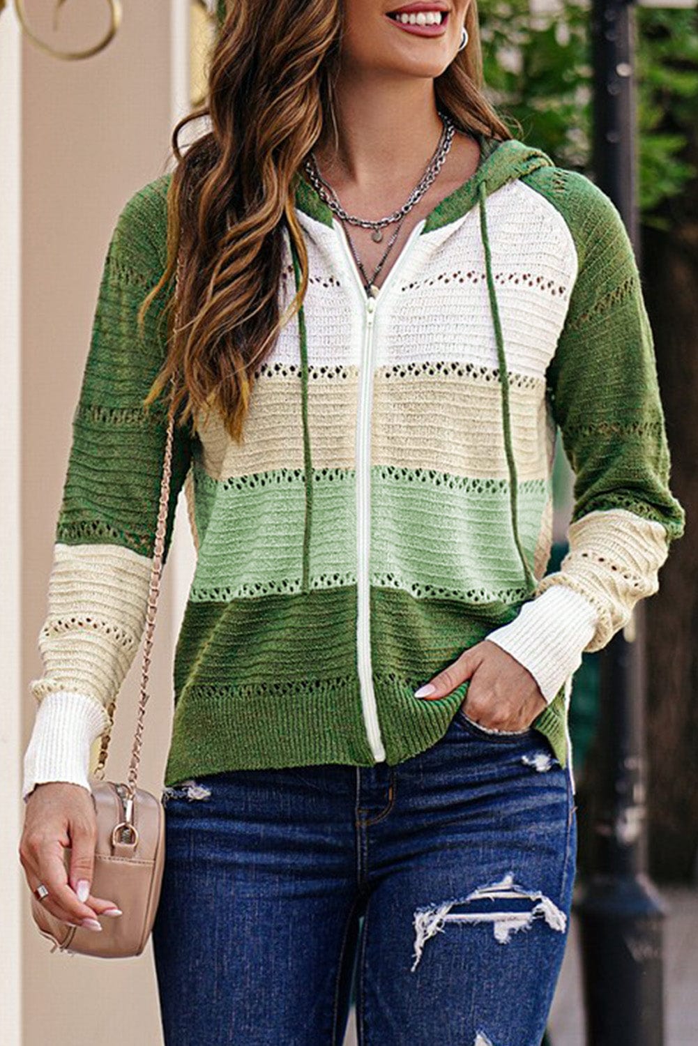 Trendsi Fall Green / S Zip-Up Raglan Sleeve Openwork Hooded Cardigan Zip-Up Raglan Sleeve Openwork Hooded Cardigan