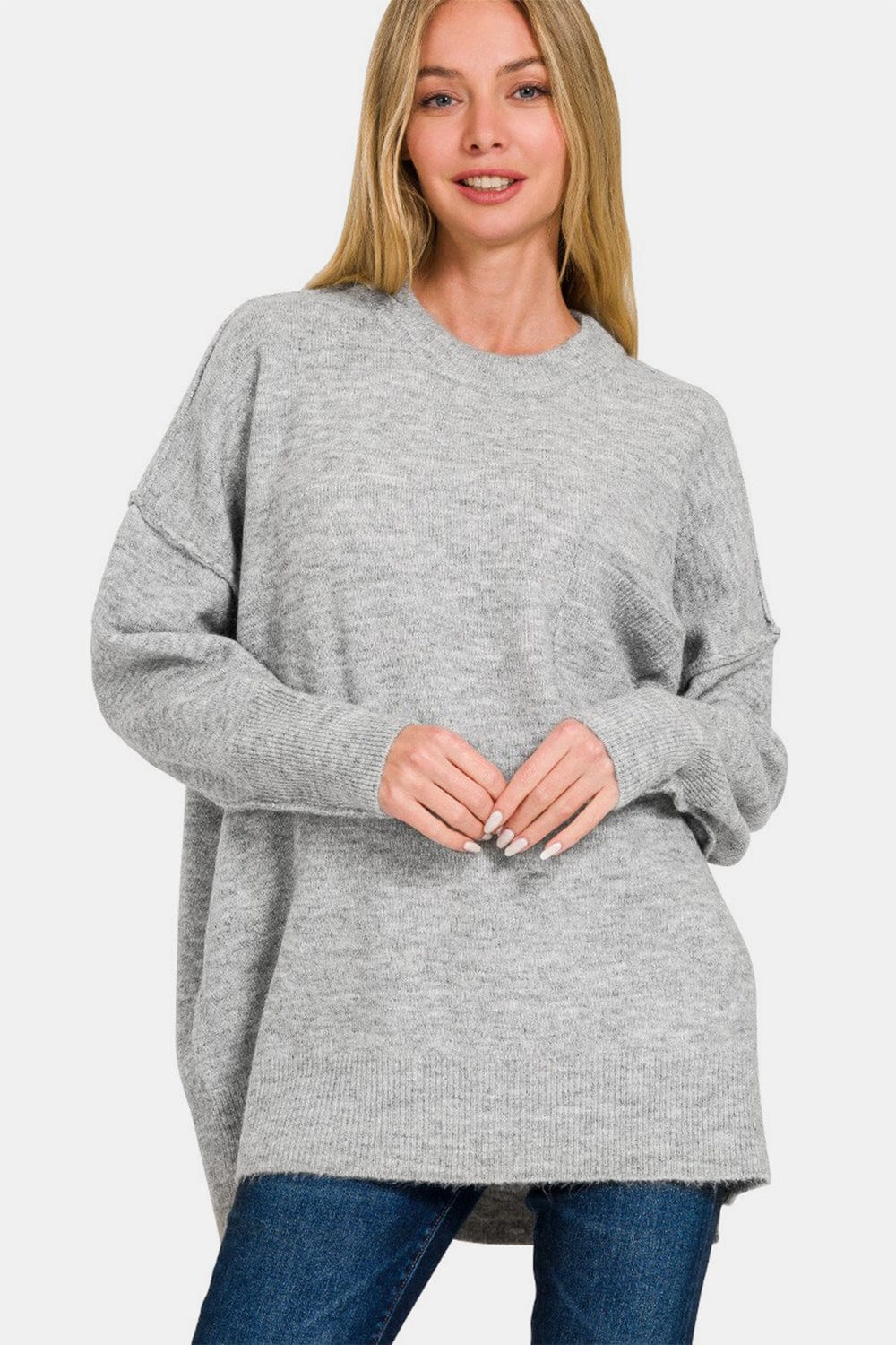 Trendsi Fall Grey / S/M Zenana High-Low Hem Drop Shoulder Sweater Zenana High-Low Hem Drop Shoulder Sweater