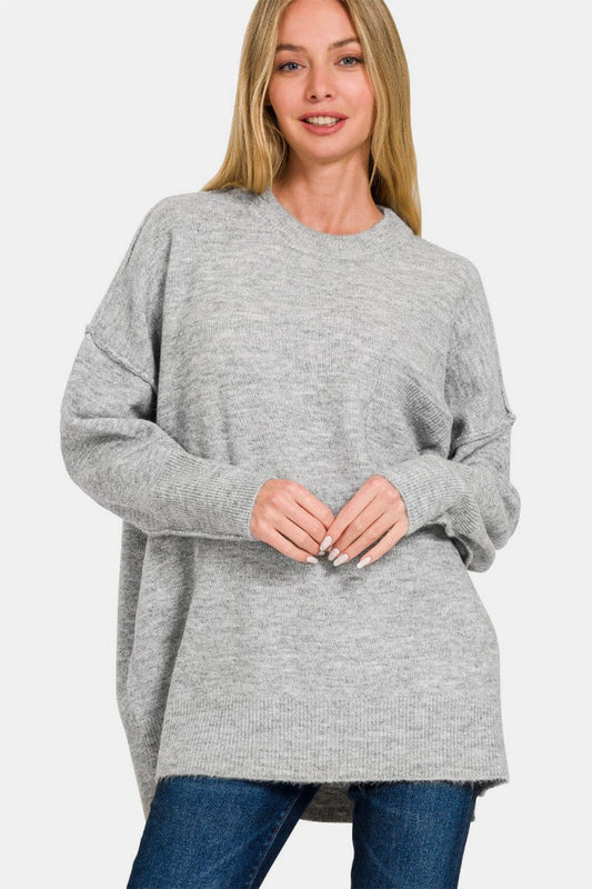 Trendsi Fall Grey / S/M Zenana High-Low Hem Drop Shoulder Sweater Zenana High-Low Hem Drop Shoulder Sweater