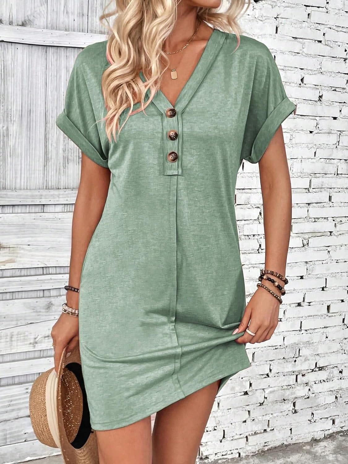 Trendsi Fall Gum Leaf / S Quarter Button V-Neck Short Sleeve Dress Quarter Button V-Neck Short Sleeve Dress