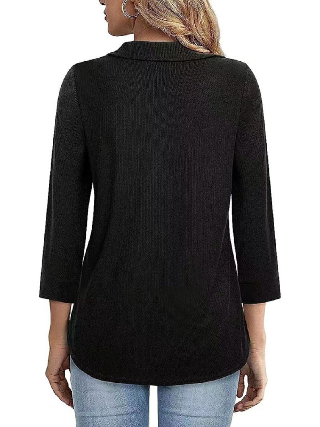 Trendsi Fall Half Zip Collared Neck Three-Quarter Sleeve T-Shirt Half Zip Collared Neck Three-Quarter Sleeve T-Shirt