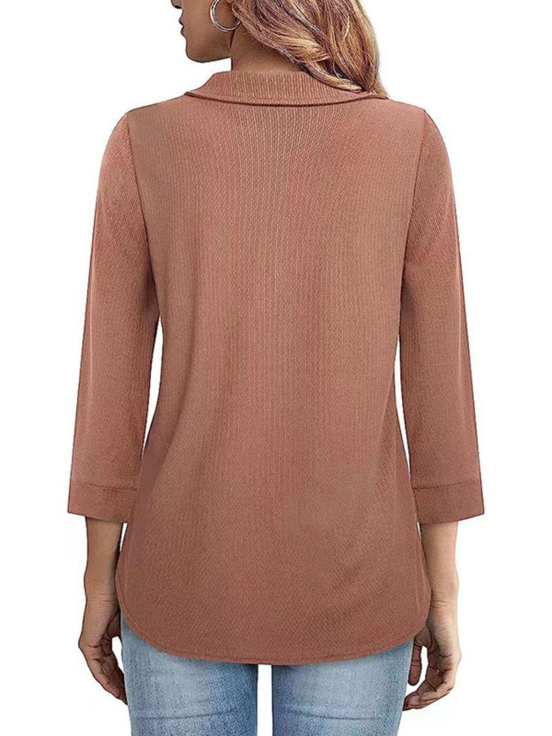 Trendsi Fall Half Zip Collared Neck Three-Quarter Sleeve T-Shirt Half Zip Collared Neck Three-Quarter Sleeve T-Shirt