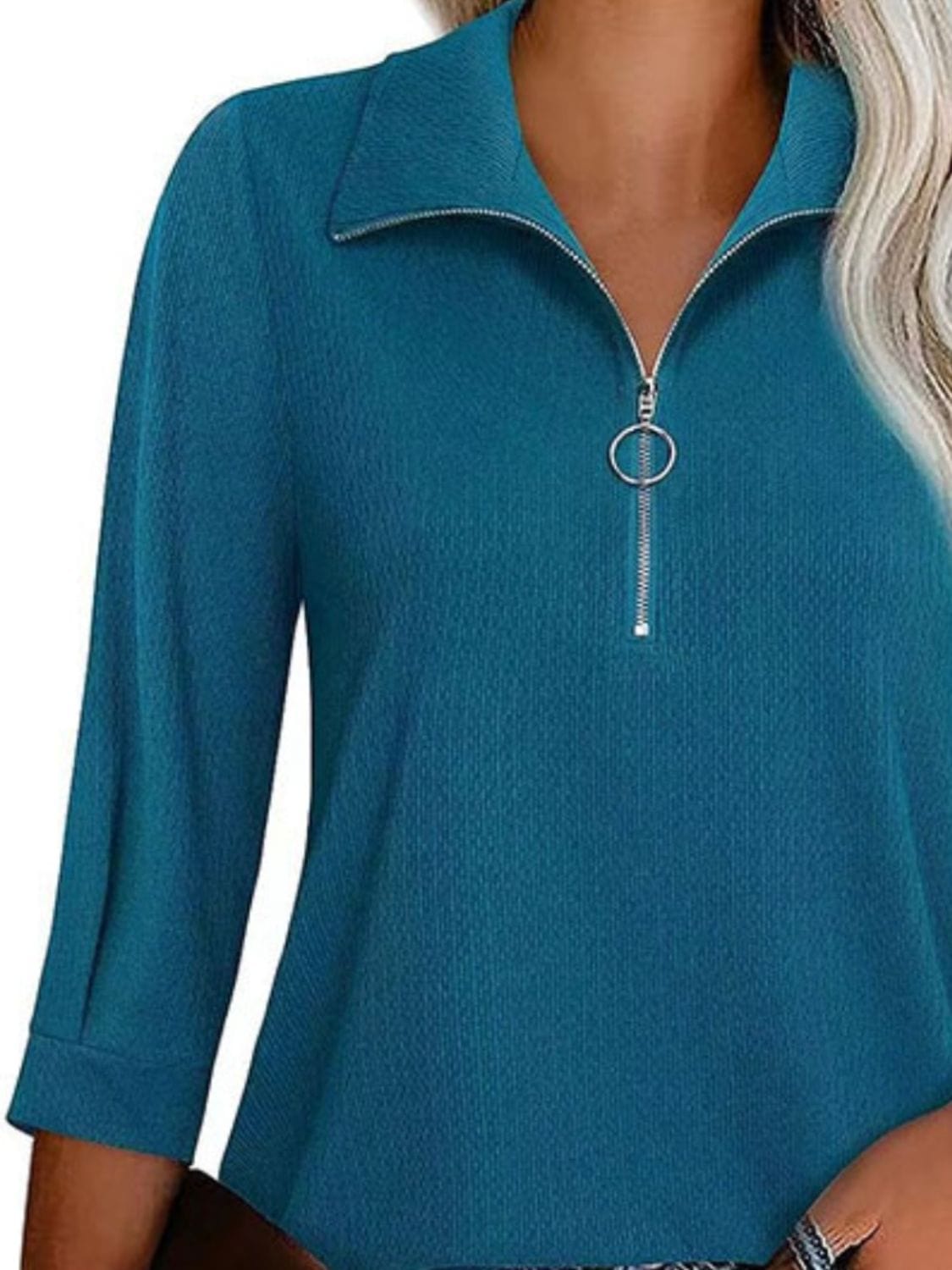 Trendsi Fall Half Zip Collared Neck Three-Quarter Sleeve T-Shirt Half Zip Collared Neck Three-Quarter Sleeve T-Shirt