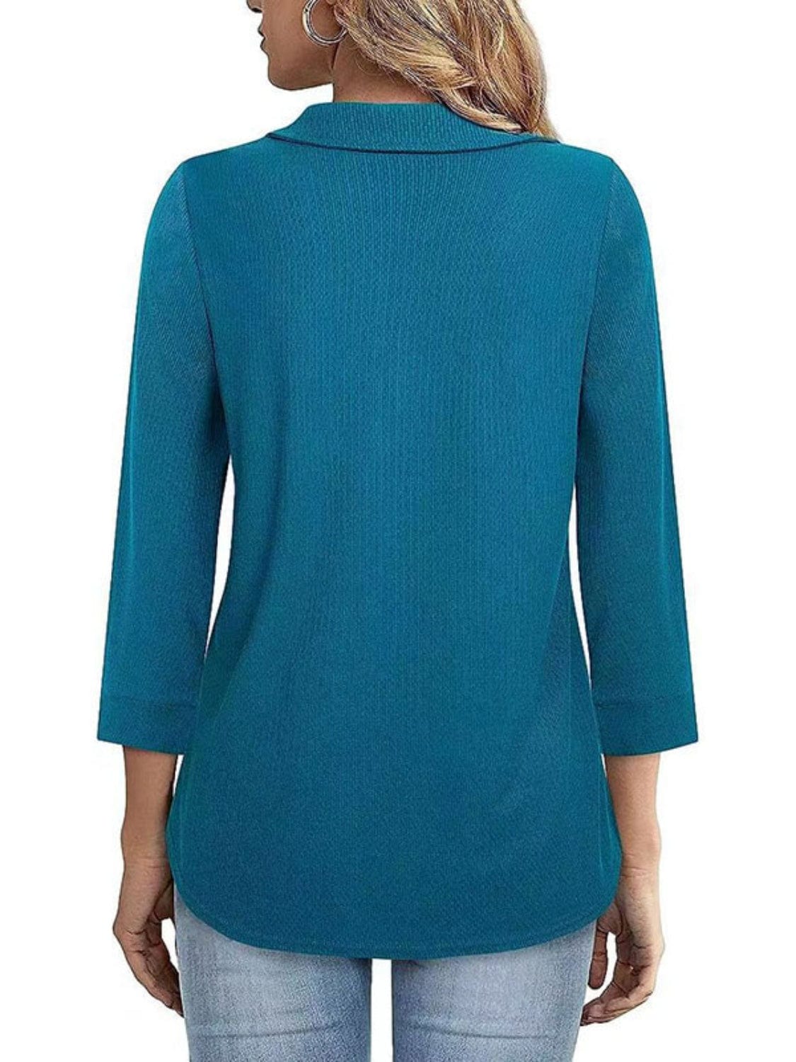 Trendsi Fall Half Zip Collared Neck Three-Quarter Sleeve T-Shirt Half Zip Collared Neck Three-Quarter Sleeve T-Shirt