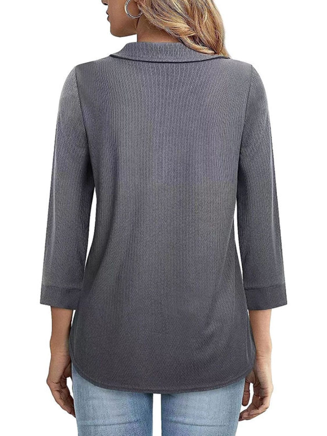 Trendsi Fall Half Zip Collared Neck Three-Quarter Sleeve T-Shirt Half Zip Collared Neck Three-Quarter Sleeve T-Shirt