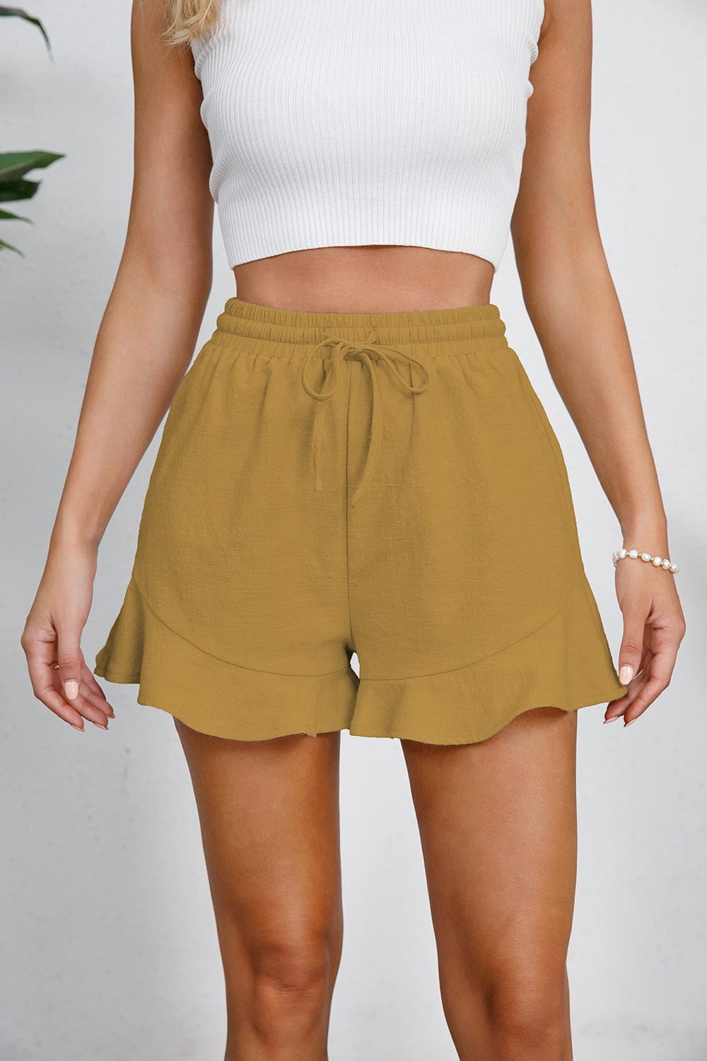 Trendsi Fall Honey / S Full Size Drawstring Ruffle Hem Shorts Full Size Drawstring Ruffle Hem Shorts