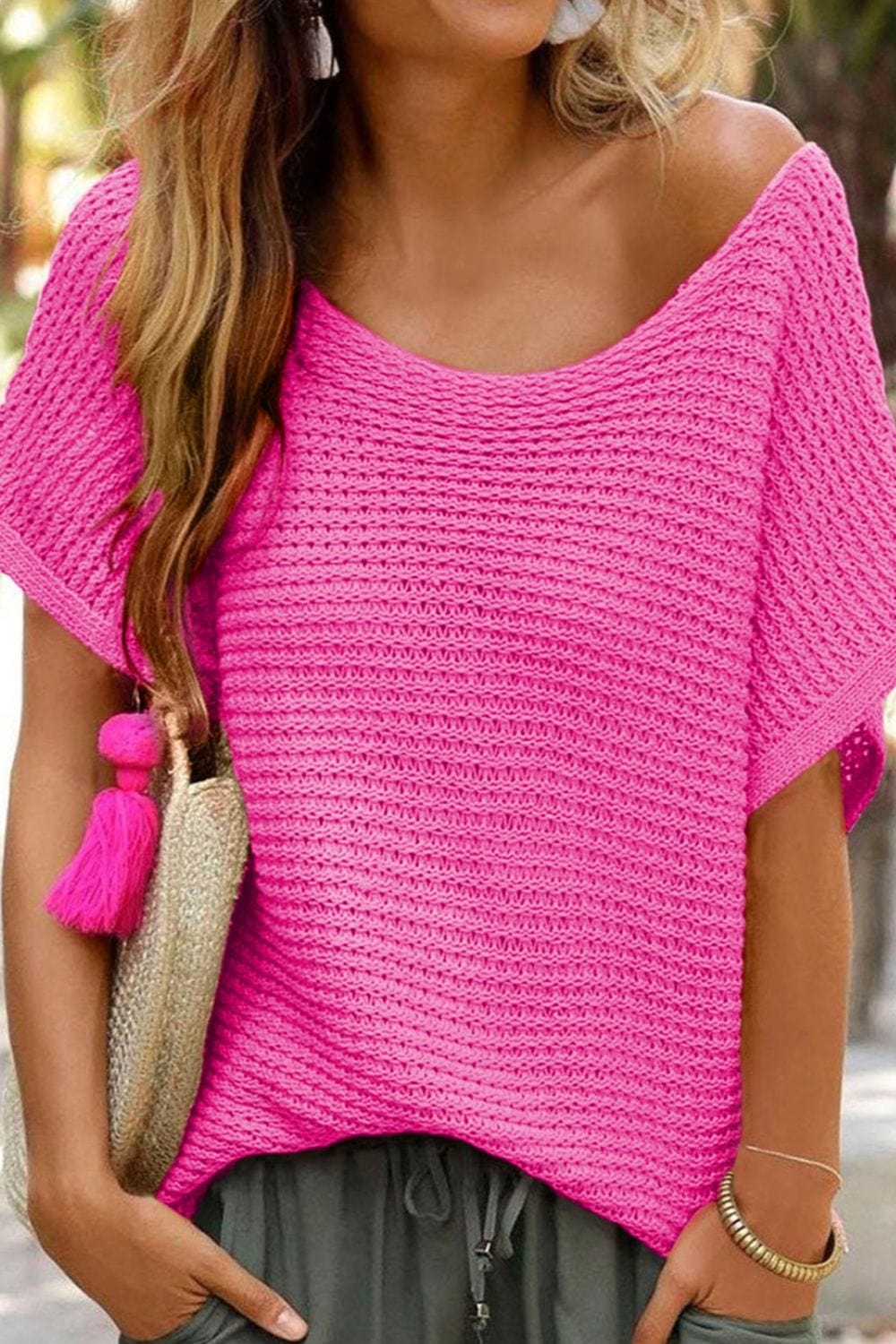 Trendsi Fall Hot Pink / S Boat Neck Short Sleeve Sweater Boat Neck Short Sleeve Sweater