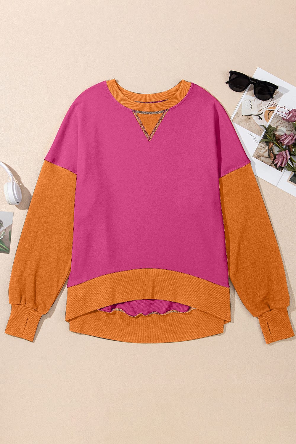 Trendsi Fall Hot Pink / S Contrast Round Neck Long Sleeve Sweatshirt Contrast Round Neck Long Sleeve Sweatshirt