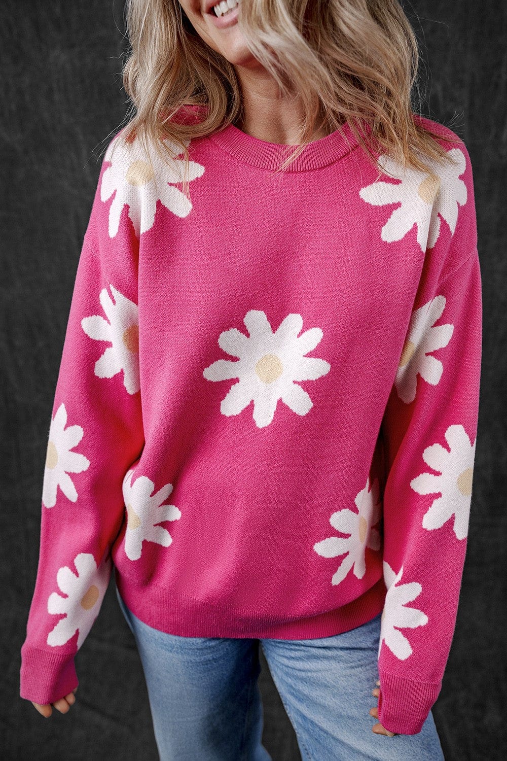 Trendsi Fall Hot Pink / S Daisy Round Neck Dropped Shoulder Sweater Daisy Round Neck Dropped Shoulder Sweater