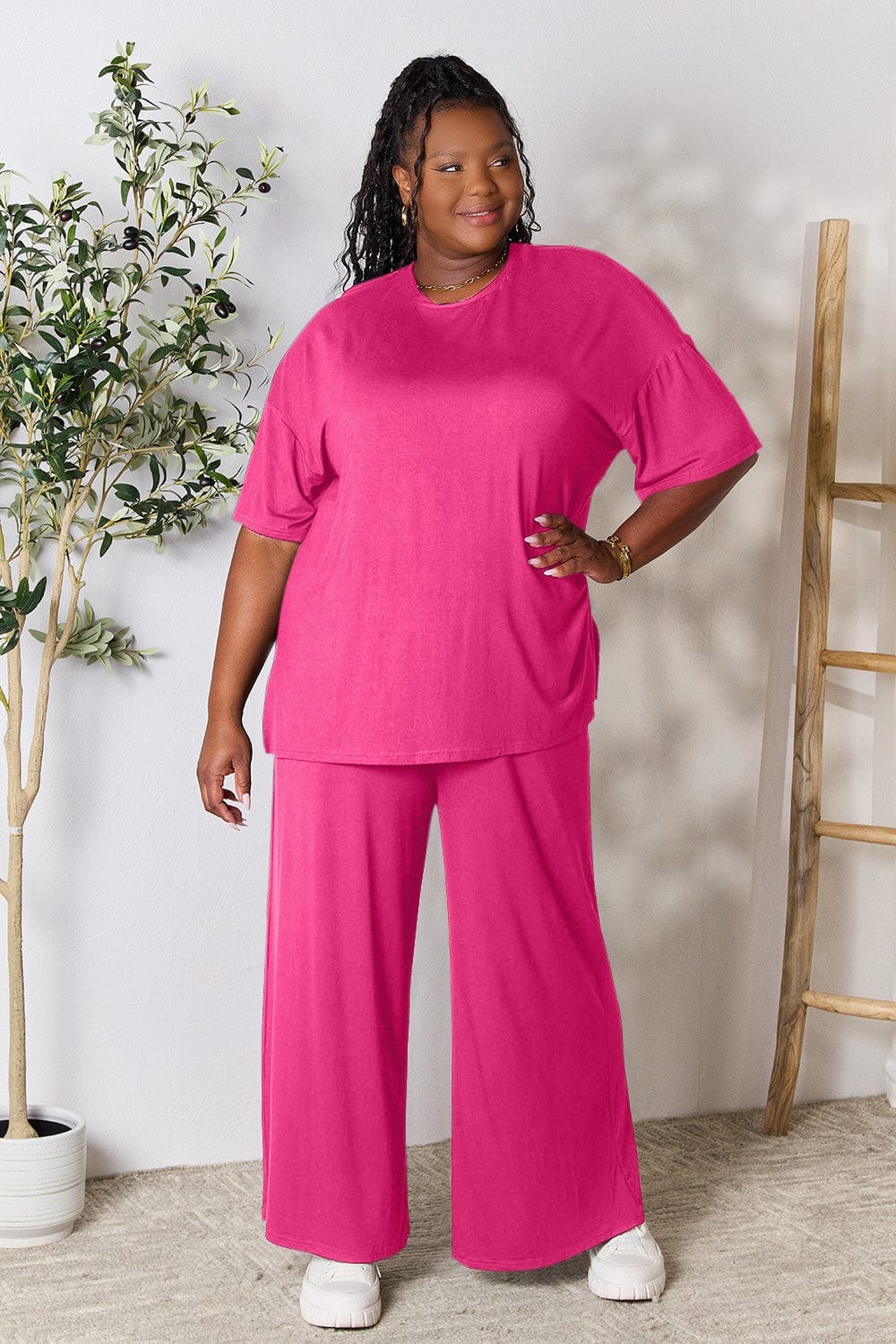 Trendsi Fall Hot Pink / S Double Take Full Size Round Neck Slit Top and Pants Set Double Take Full Size Round Neck Slit Top and Pants Set