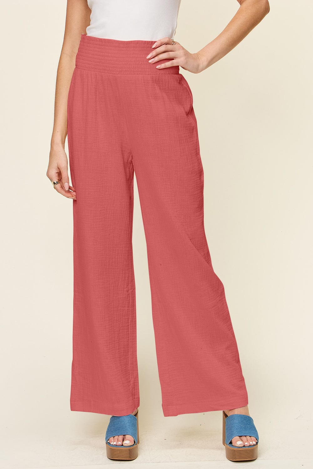 Trendsi Fall Hot Pink / S Double Take Full Size Texture Smocked Waist Wide Leg Pants Double Take Full Size Texture Smocked Waist Wide Leg Pants