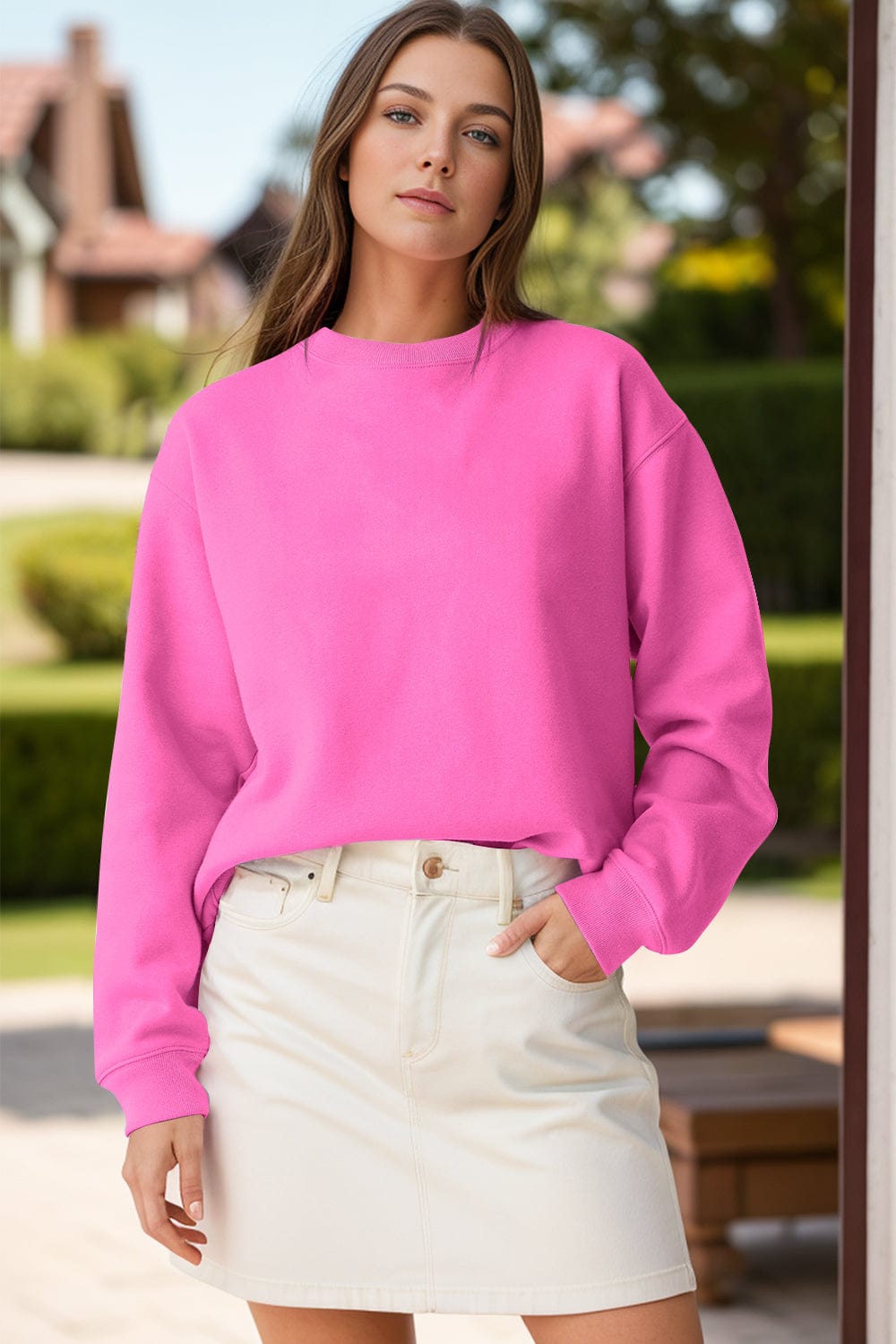 Trendsi Fall Hot Pink / S Round Neck Long Sleeve Sweatshirt Round Neck Long Sleeve Sweatshirt