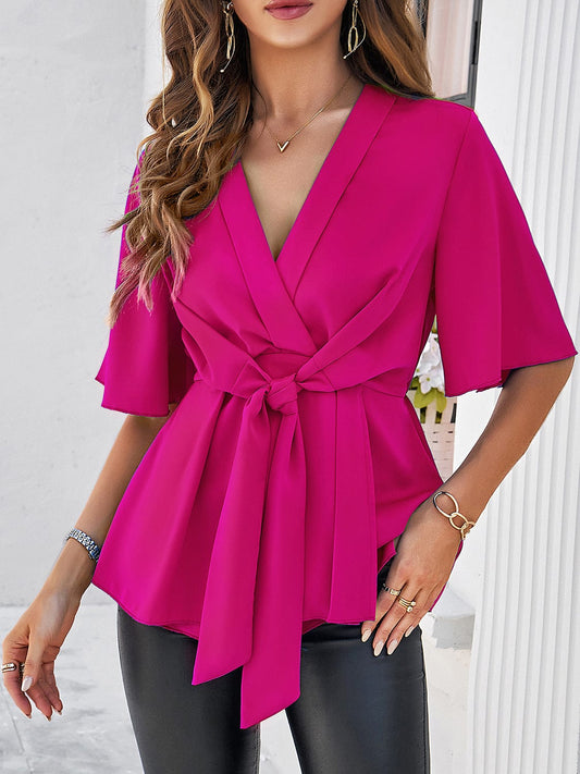 Trendsi Fall Hot Pink / S Surplice Tie Waist Half Sleeve Blouse Surplice Tie Waist Half Sleeve Blouse
