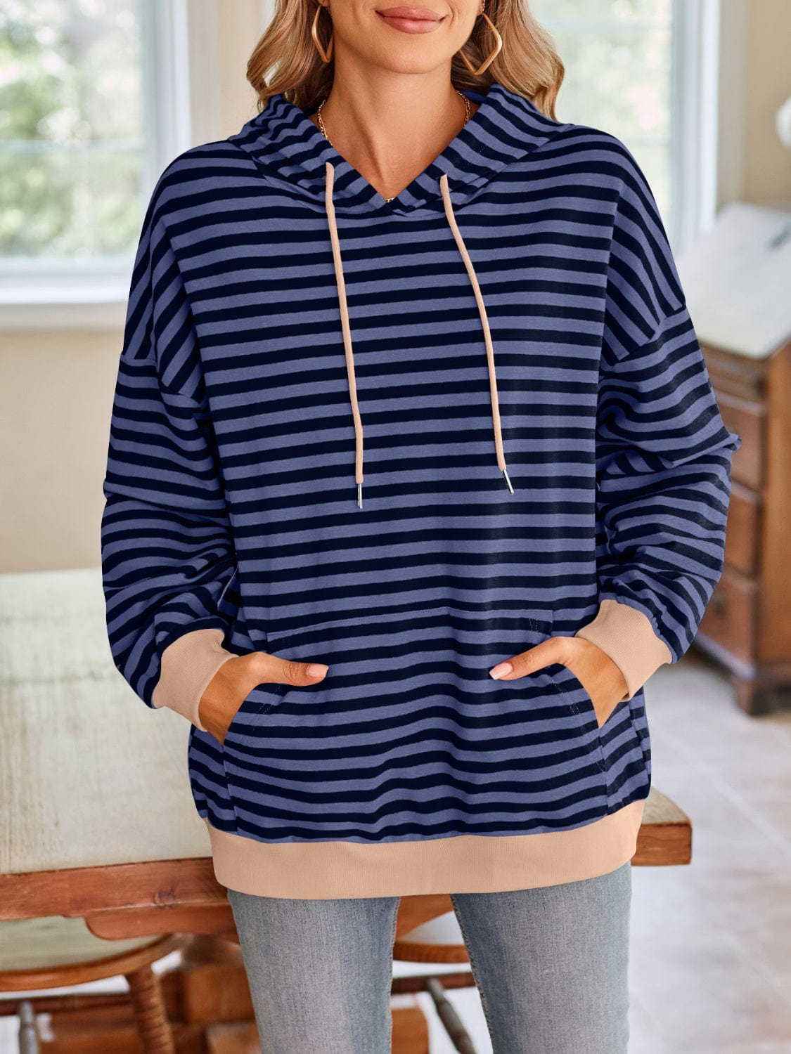 Trendsi Fall Indigo / S Drawstring Striped Long Sleeve Hoodie Drawstring Striped Long Sleeve Hoodie