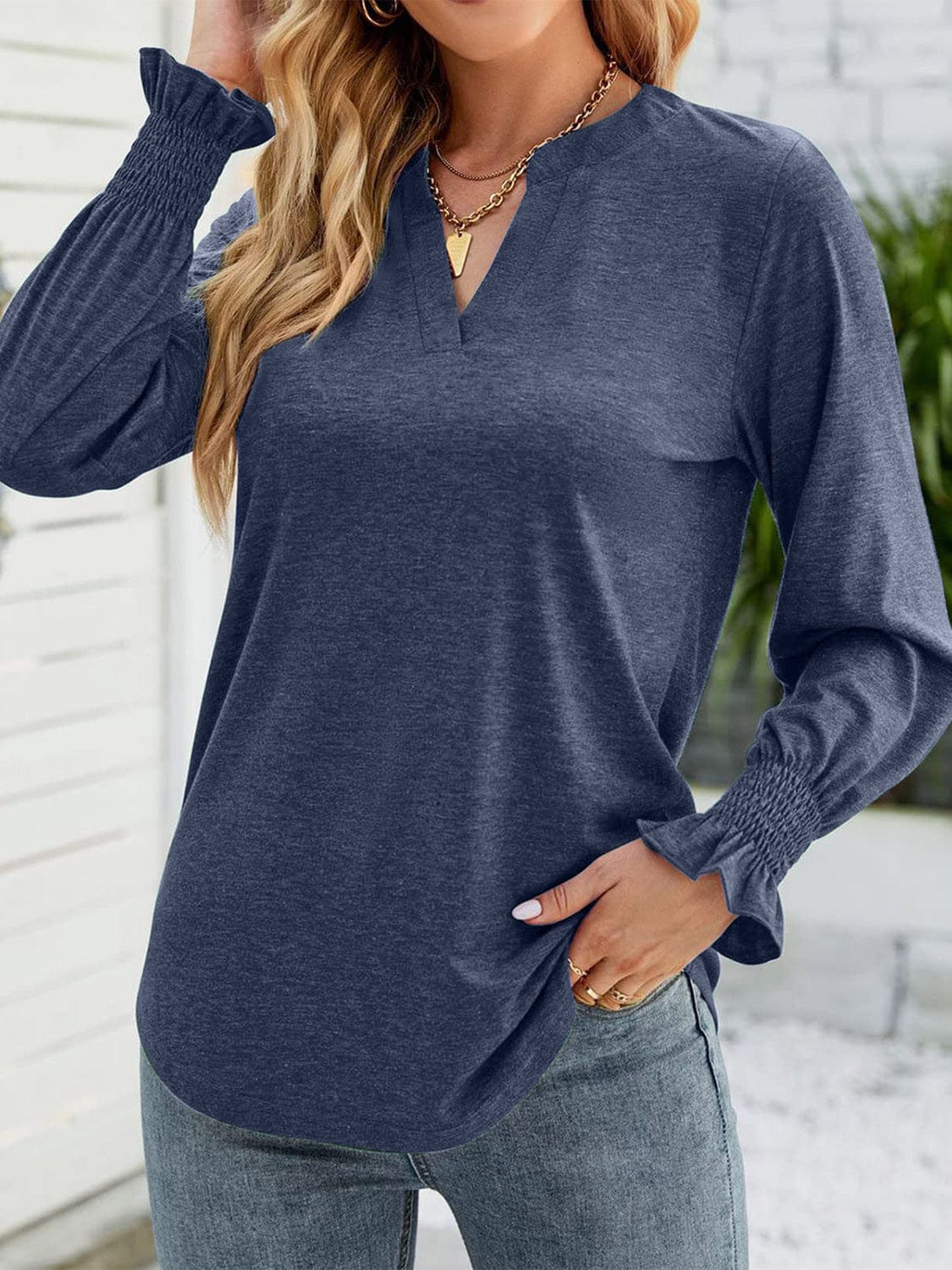 Trendsi Fall Indigo / S Full Size Notched Long Sleeve T-Shirt Full Size Notched Long Sleeve T-Shirt