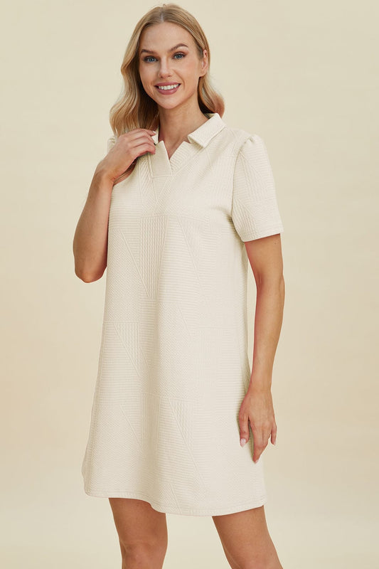 Trendsi Fall Ivory / S Double Take Full Size Texture Short Sleeve Dress Double Take Full Size Texture Short Sleeve Dress