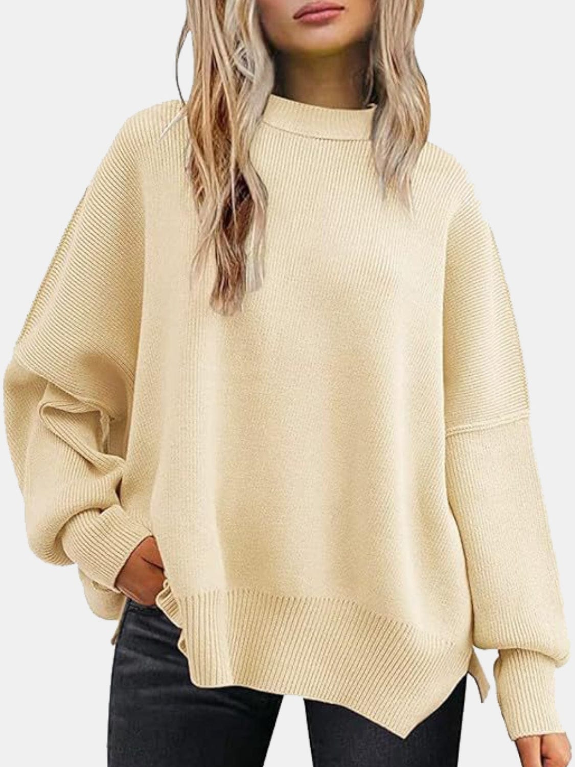 Trendsi Fall Ivory / S Round Neck Drop Shoulder Slit Sweater Round Neck Drop Shoulder Slit Sweater