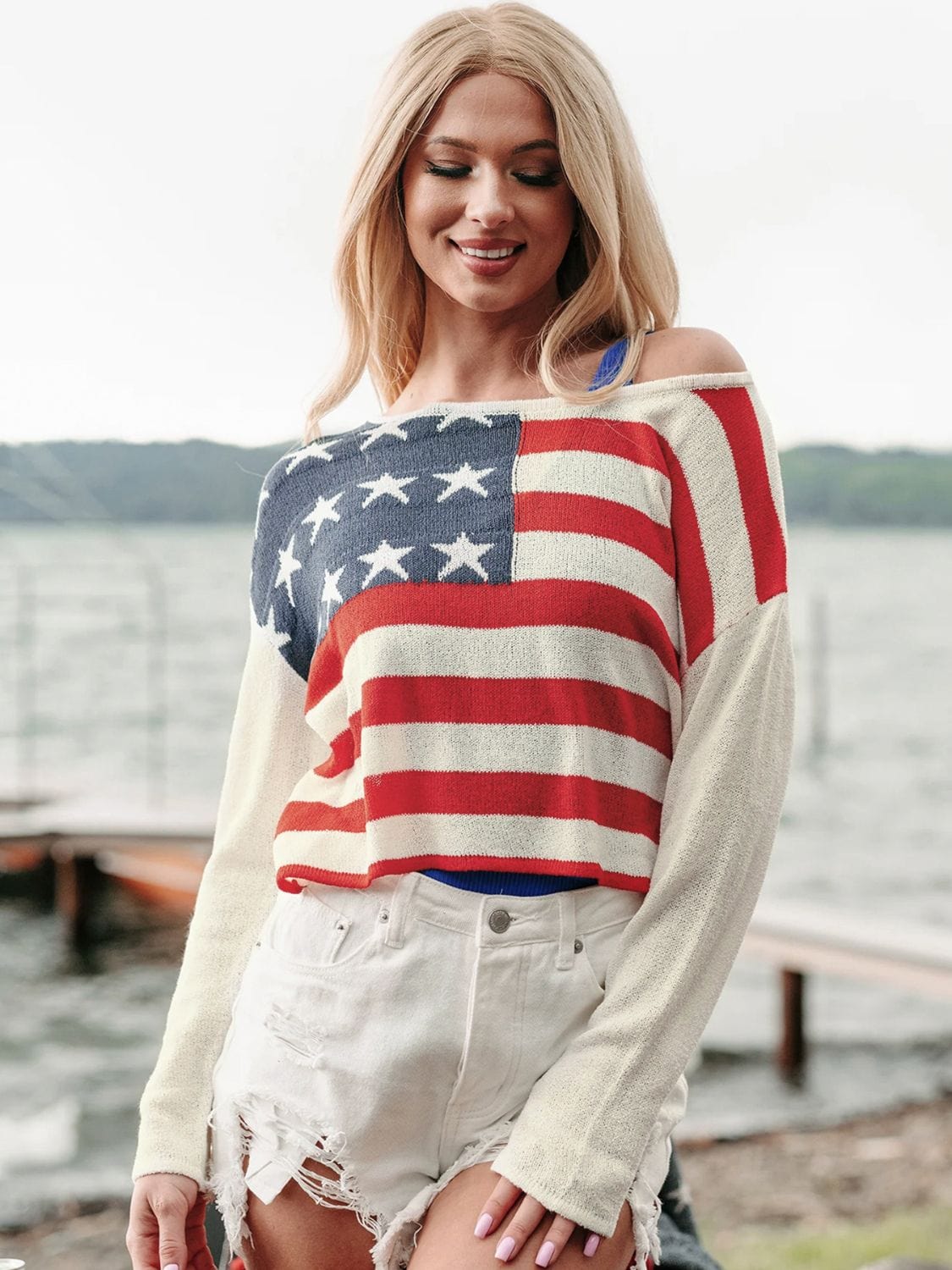 Trendsi Fall Ivory / S US Flag Boat Neck Long Sleeve Knit Top US Flag Boat Neck Long Sleeve Knit Top