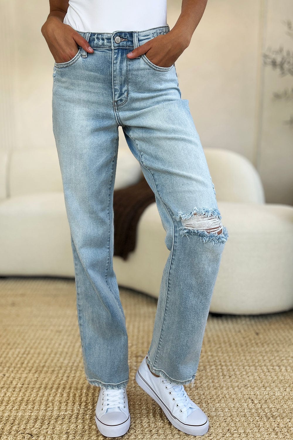 Trendsi Fall Judy Blue Full Size High Waist Distressed Straight Jeans Judy Blue Full Size High Waist Distressed Straight Jeans