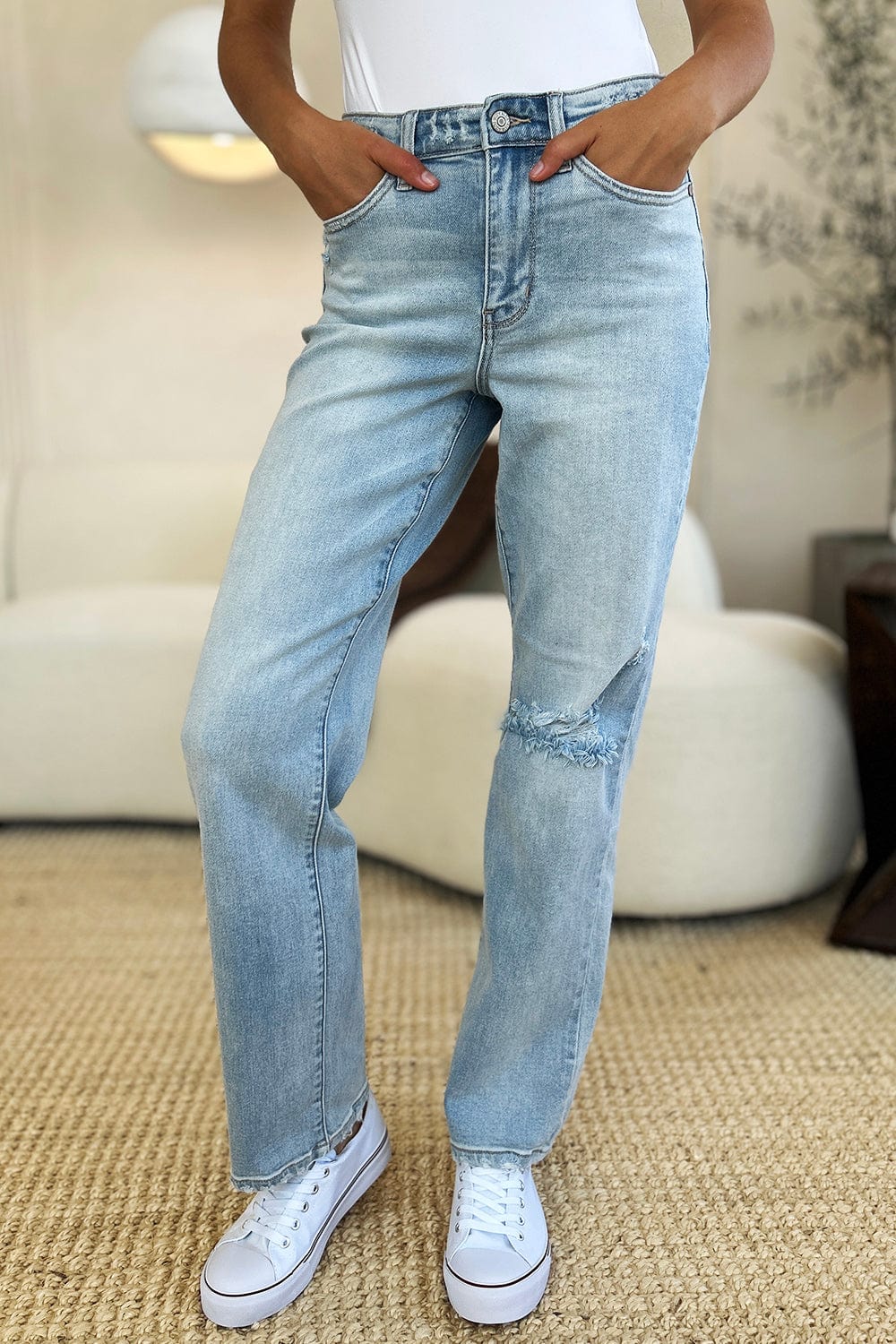 Trendsi Fall Judy Blue Full Size High Waist Distressed Straight Jeans Judy Blue Full Size High Waist Distressed Straight Jeans