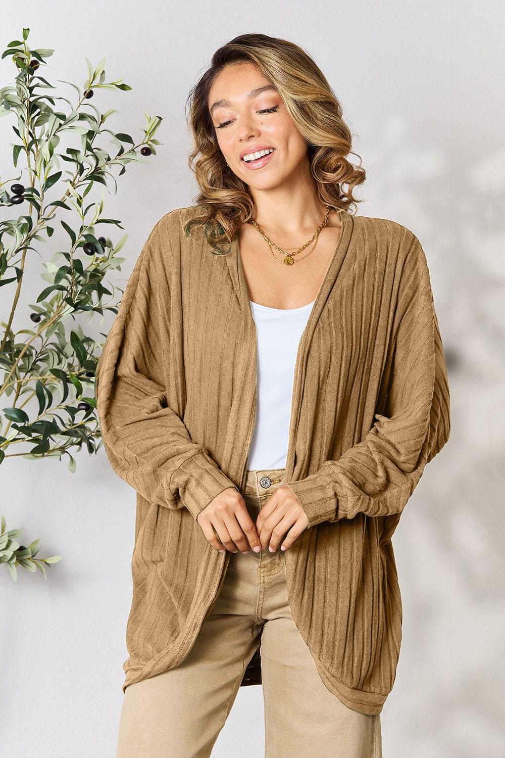 Trendsi Fall Khaki / S Basic Bae Full Size Ribbed Cocoon Cardigan Basic Bae Full Size Ribbed Cocoon Cardigan