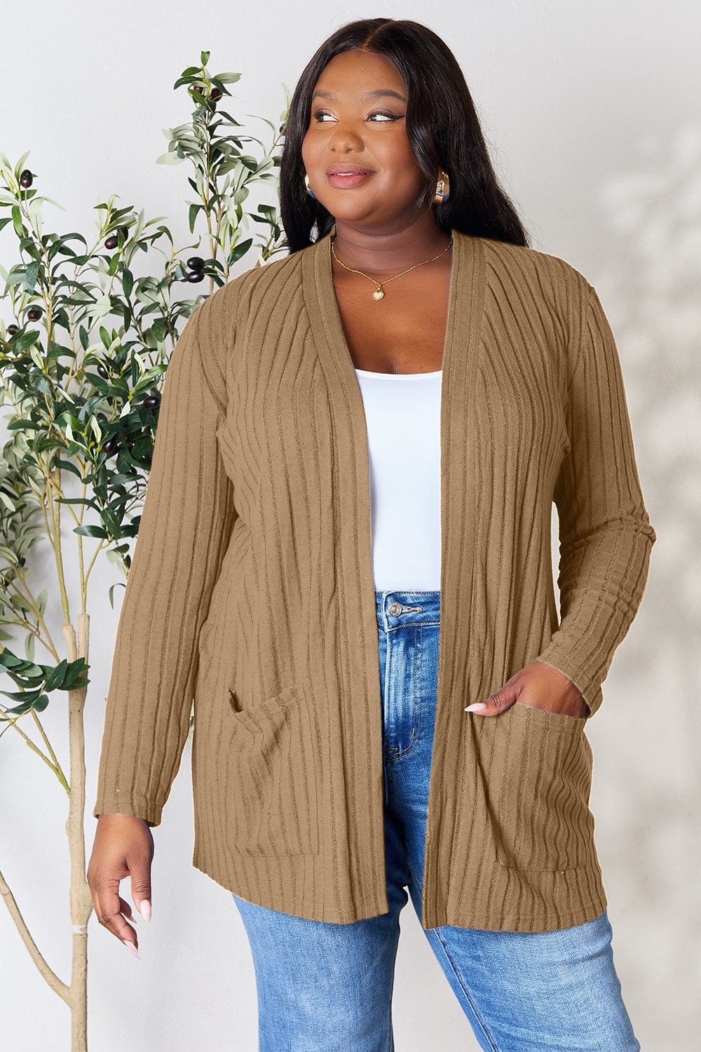 Trendsi Fall Khaki / S Basic Bae Full Size Ribbed Open Front Cardigan with Pockets Basic Bae Full Size Ribbed Open Front Cardigan with Pockets