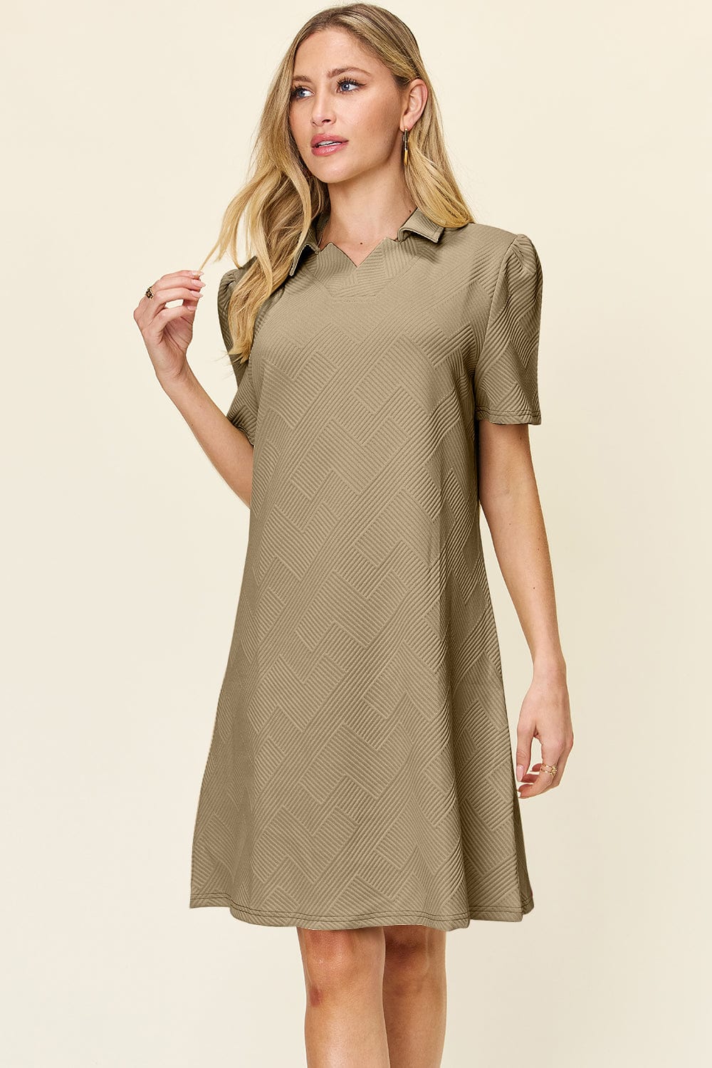 Trendsi Fall Khaki / S Double Take Full Size Texture Collared Neck Short Sleeve Dress Double Take Full Size Texture Collared Neck Short Sleeve Dress