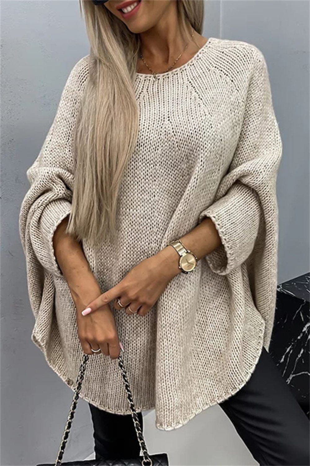 Trendsi Fall Khaki / S/M Round Neck Batwing Sleeve Sweater Round Neck Batwing Sleeve Sweater