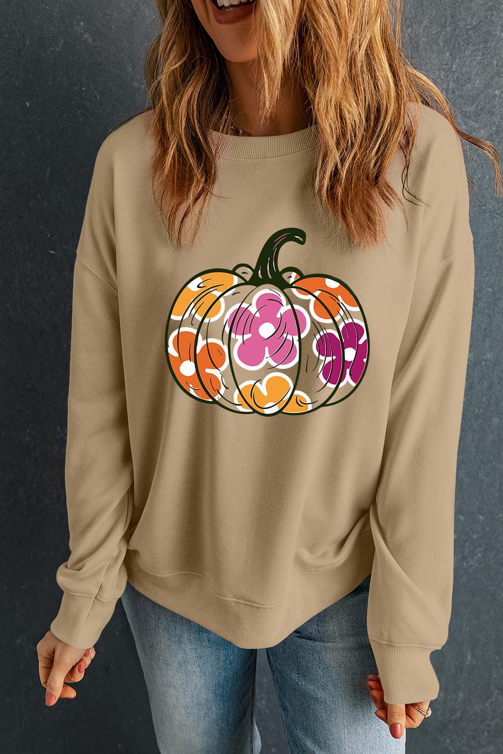 Trendsi Fall Khaki / S Pumpkin & Flower Graphic Long Sleeve Sweatshirt Pumpkin & Flower Graphic Long Sleeve Sweatshirt
