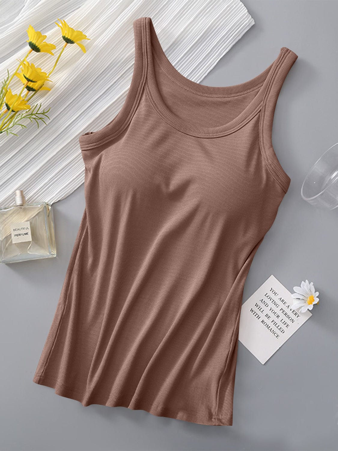Trendsi Fall Khaki / S Round Neck Tank with Bra Round Neck Tank with Bra