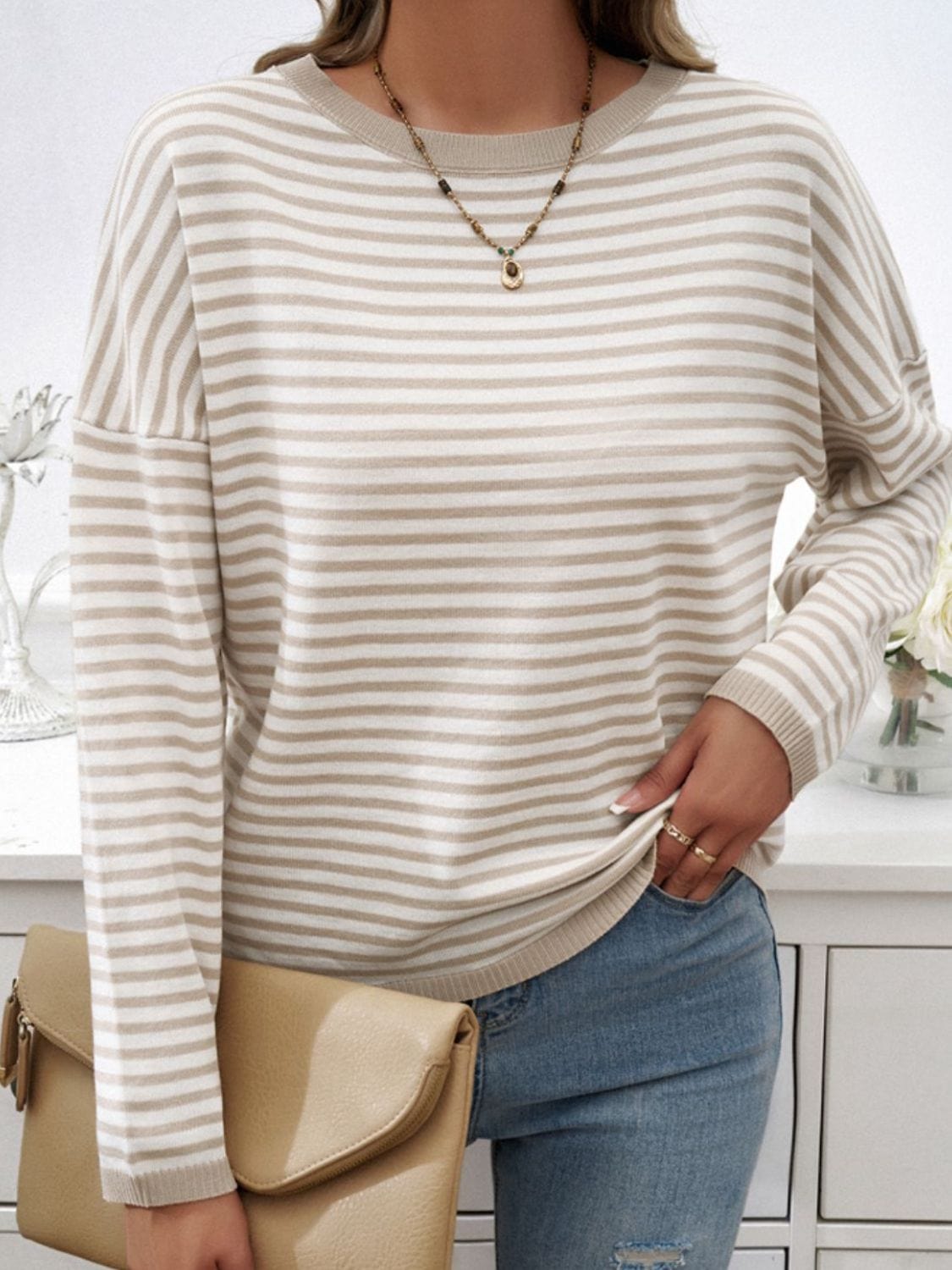 Trendsi Fall Khaki / S Striped Round Neck Dropped Shoulder Sweater Striped Round Neck Dropped Shoulder Sweater