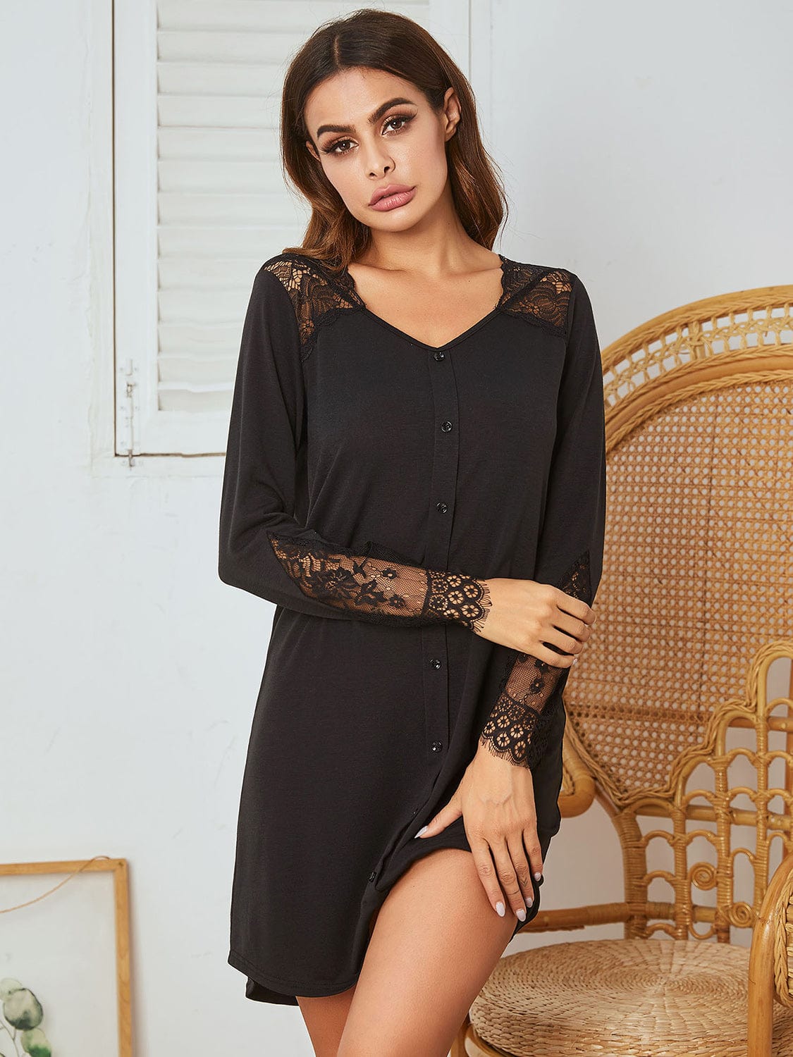 Trendsi Fall Lace Detail Long Sleeve Mini Lounge Dress Lace Detail Long Sleeve Mini Lounge Dress