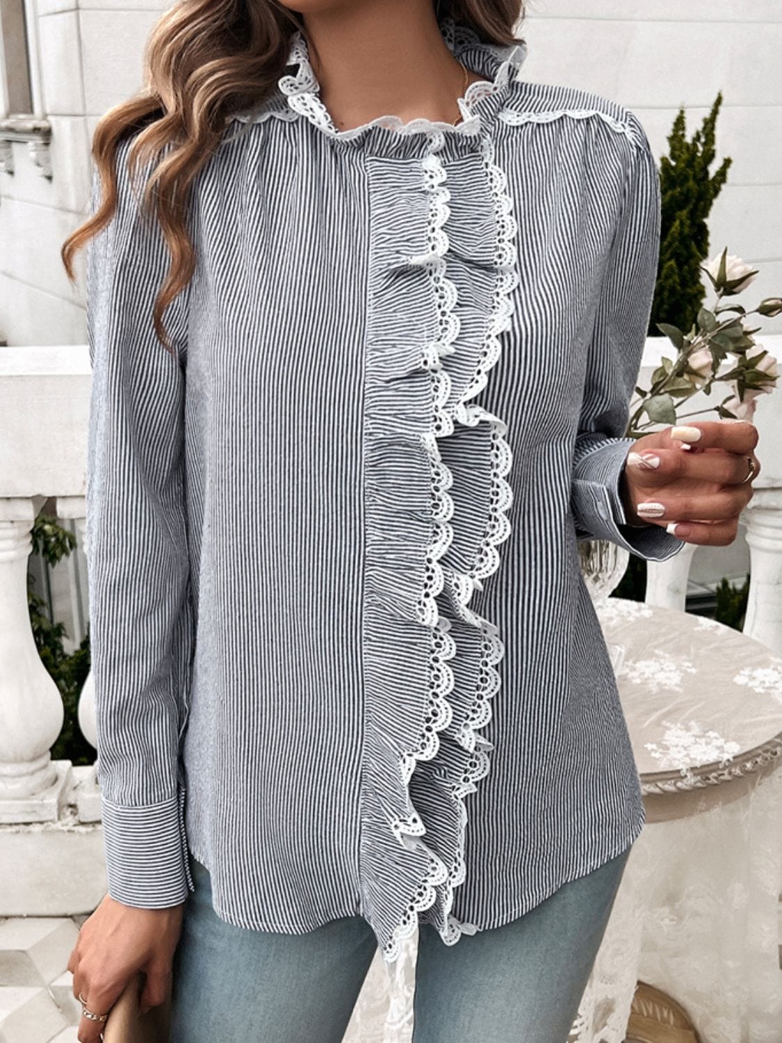 Trendsi Fall Lace Detail Ruffled Round Neck Long Sleeve Shirt Lace Detail Ruffled Round Neck Long Sleeve Shirt