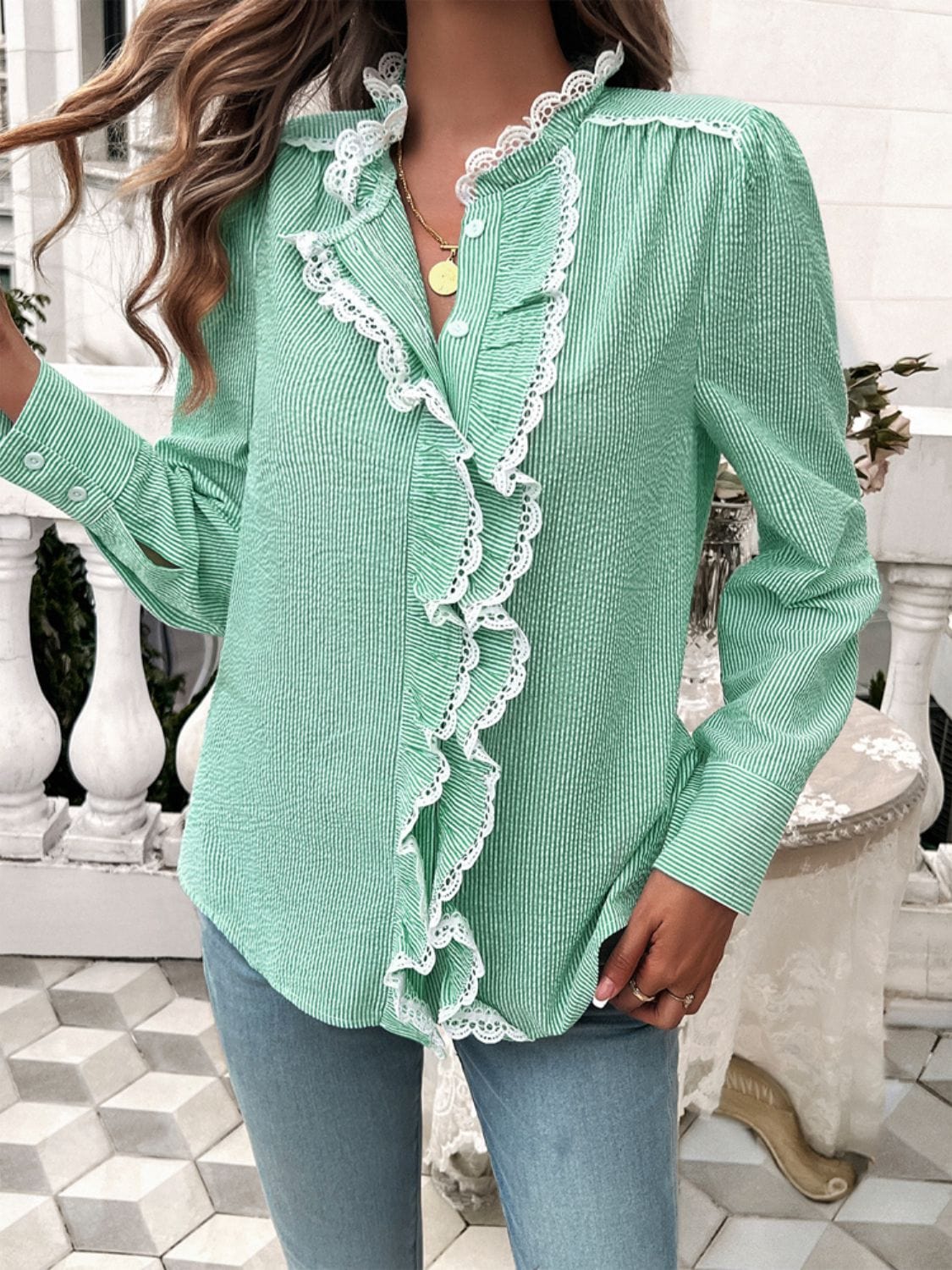 Trendsi Fall Lace Detail Ruffled Round Neck Long Sleeve Shirt Lace Detail Ruffled Round Neck Long Sleeve Shirt