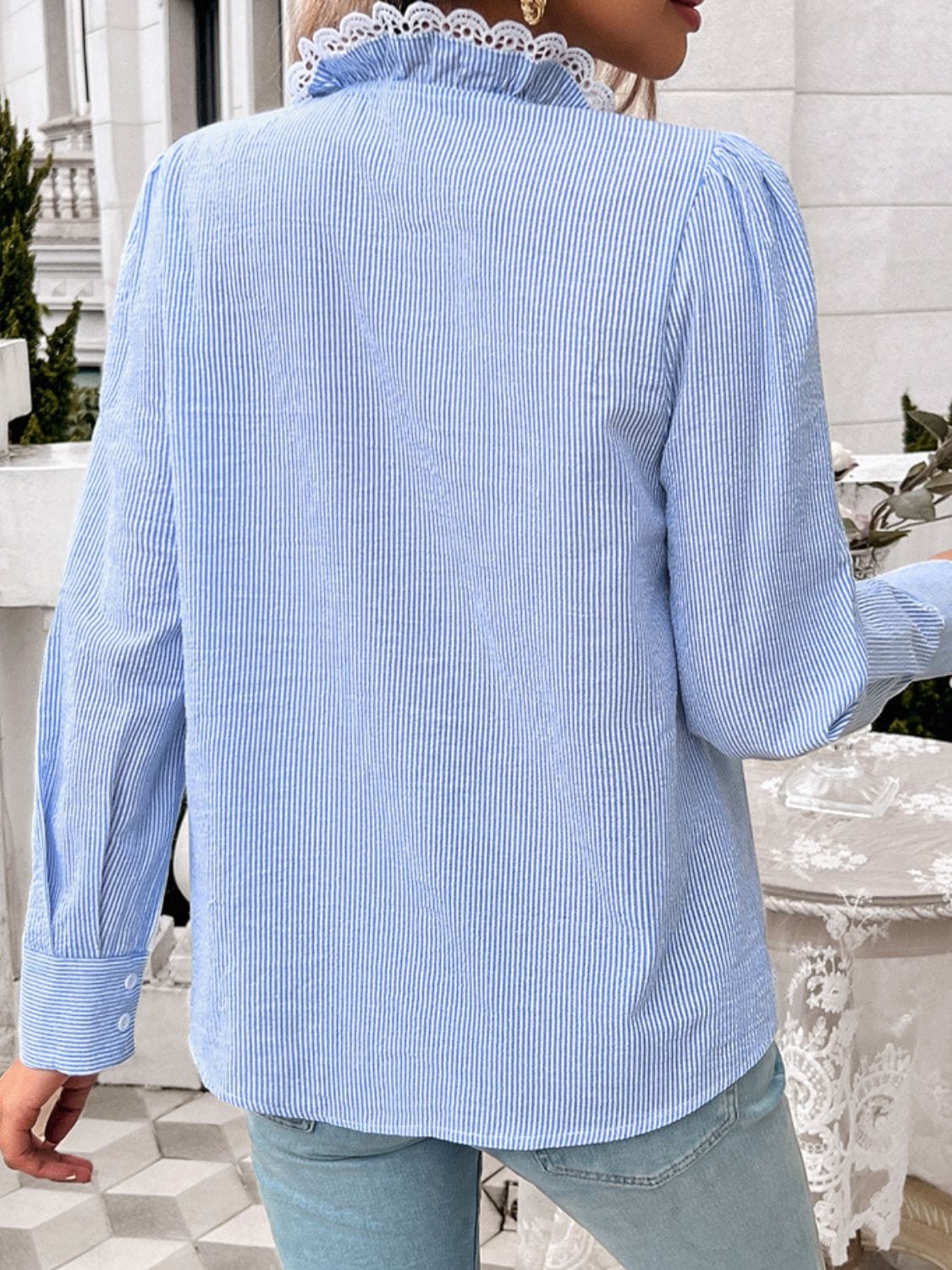 Trendsi Fall Lace Detail Ruffled Round Neck Long Sleeve Shirt Lace Detail Ruffled Round Neck Long Sleeve Shirt