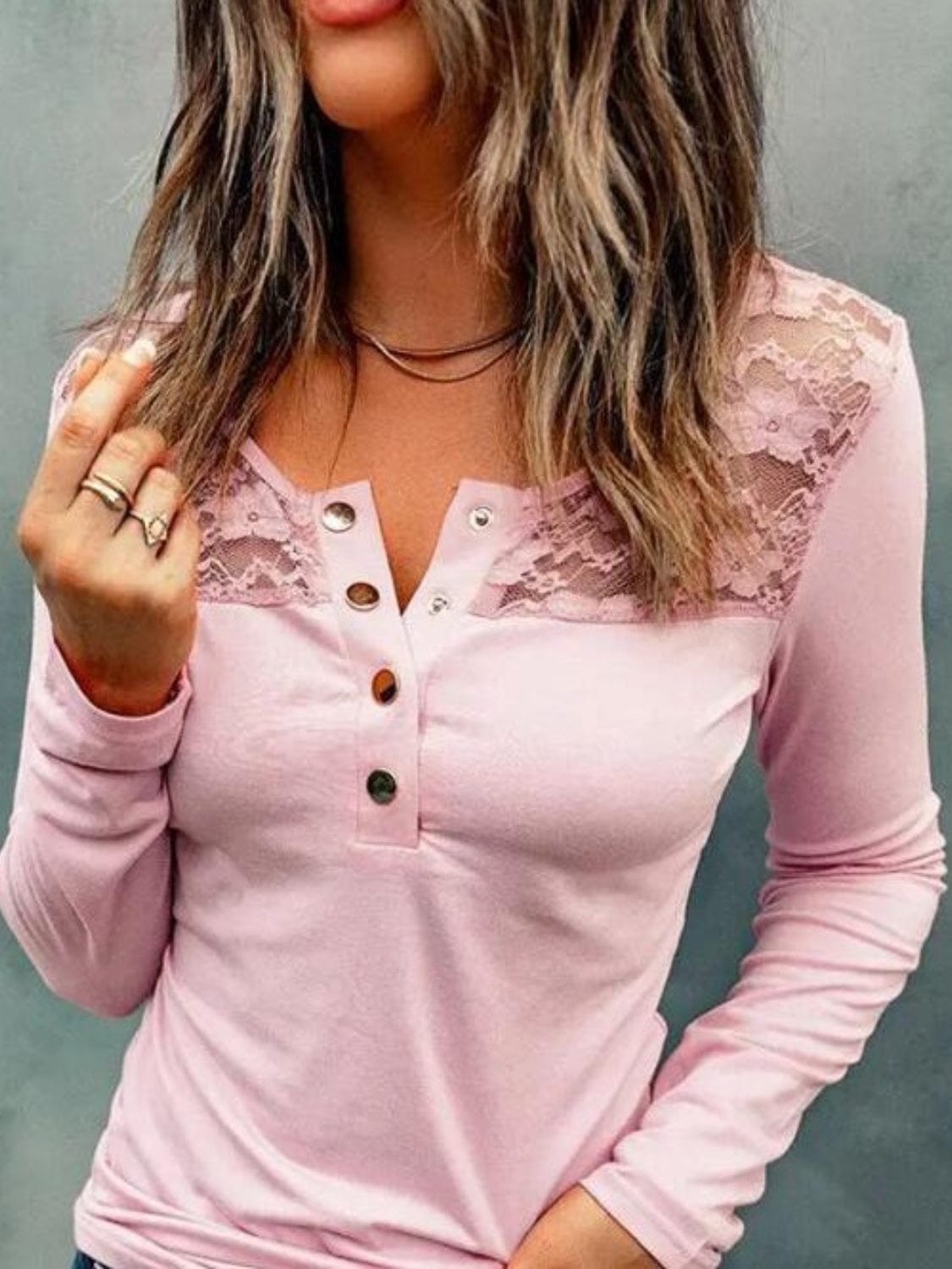 Trendsi Fall Lace Half Snap Long Sleeve T-Shirt Lace Half Snap Long Sleeve T-Shirt