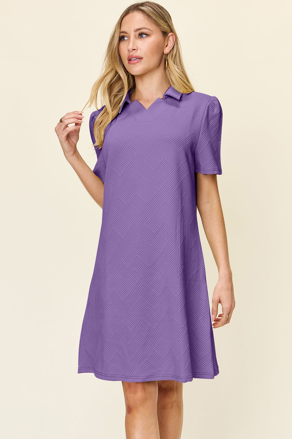 Trendsi Fall Lavender / S Double Take Full Size Texture Collared Neck Short Sleeve Dress Double Take Full Size Texture Collared Neck Short Sleeve Dress