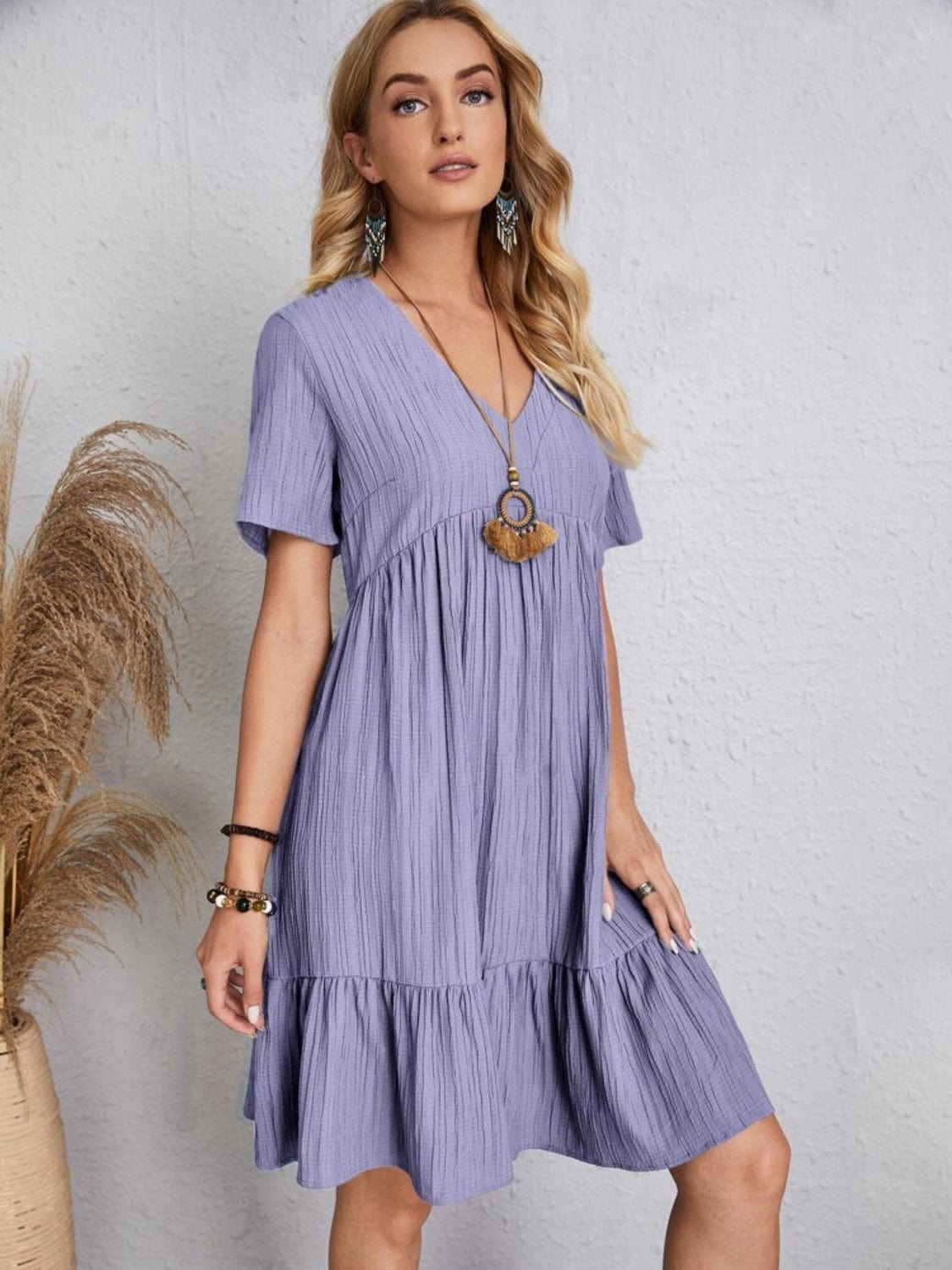 Trendsi Fall Lavender / S Full Size V-Neck Short Sleeve Dress Full Size V-Neck Short Sleeve Dress
