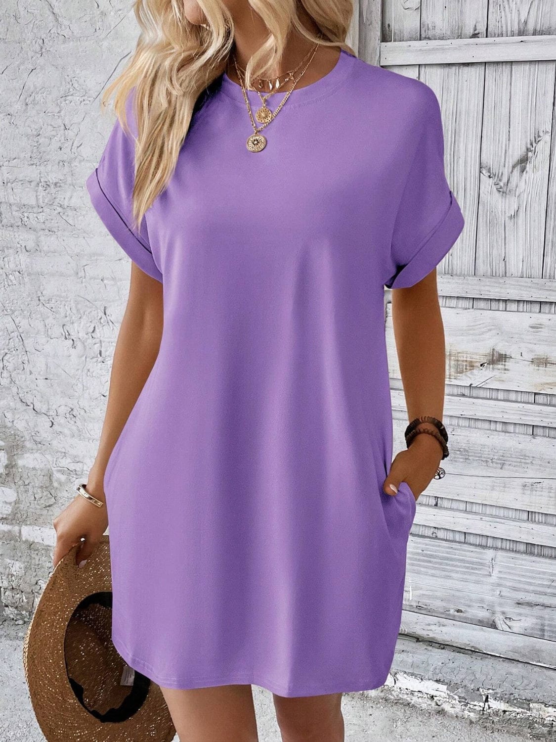 Trendsi Fall Lavender / S Round Neck Short Sleeve Mini Dress Round Neck Short Sleeve Mini Dress