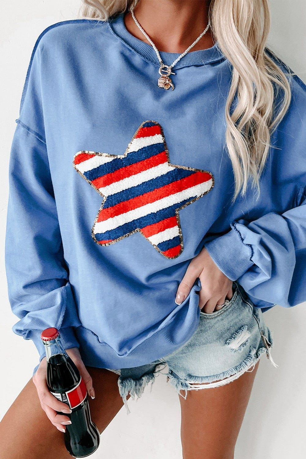 Trendsi Fall Light Blue / S Exposed Seam Star Long Sleeve Sweatshirt Exposed Seam Star Long Sleeve Sweatshirt