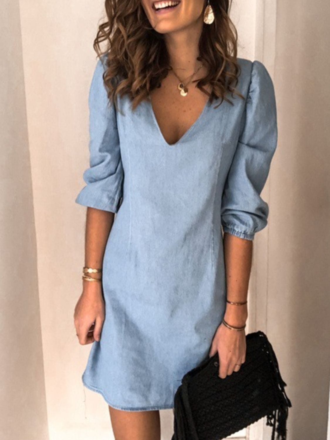 Trendsi Fall Light Blue / S Full Size V-Neck Half Sleeve Dress Full Size V-Neck Half Sleeve Dress