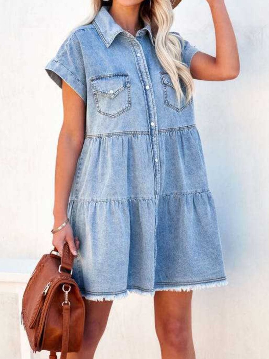 Trendsi Fall Light Blue / S Raw Hem Short Sleeve Denim Dress Raw Hem Short Sleeve Denim Dress