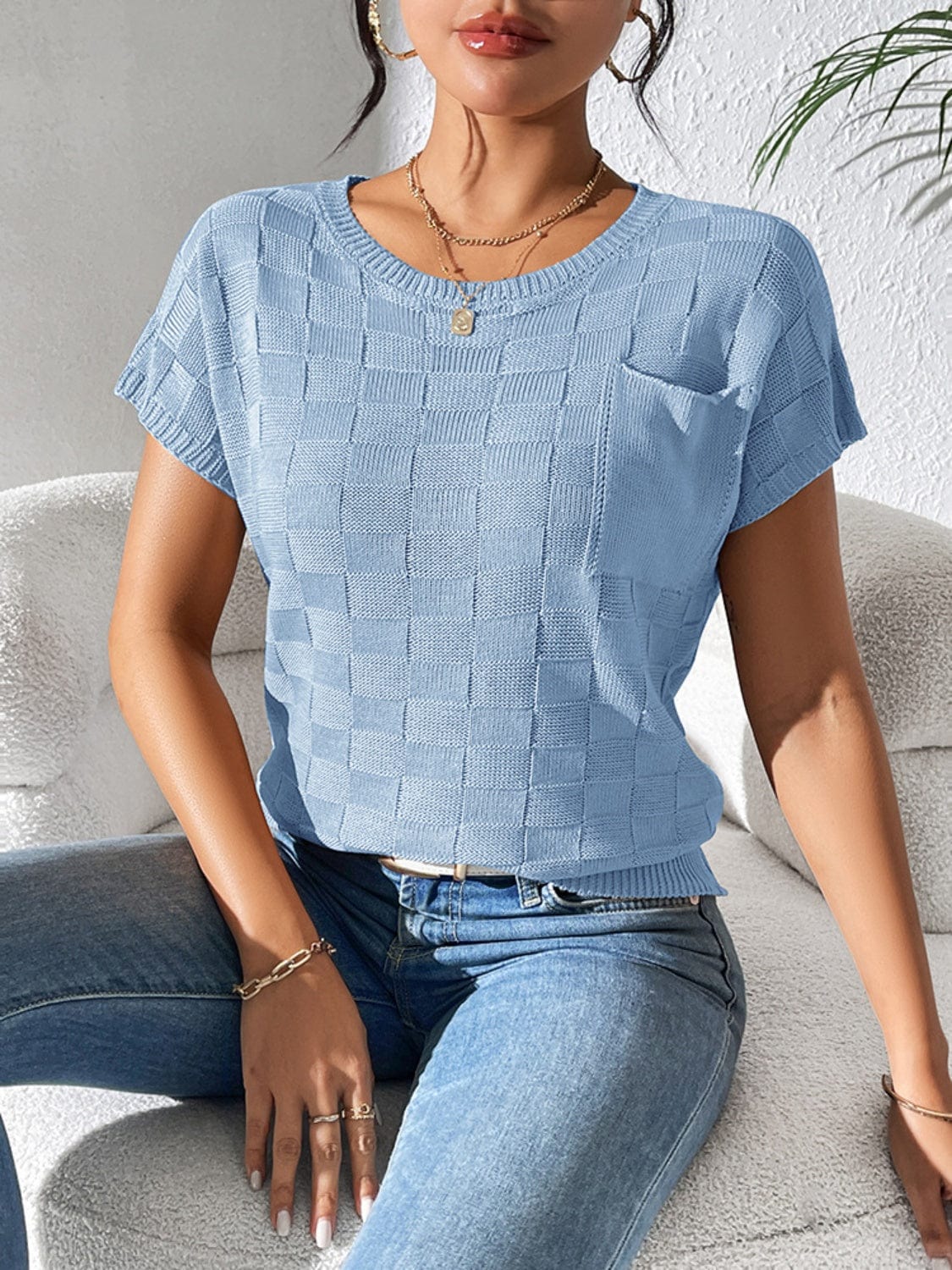 Trendsi Fall Light Blue / S Round Neck Short Sleeve Knit Top Round Neck Short Sleeve Knit Top